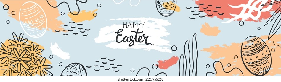 Cartel de Feliz Pascua. Diseño de moda de Pascua con tipografía, trazos y puntos pintados a mano, huevos, follaje, en colores pastel. Moderno estilo minimalista. Afiche horizontal, tarjeta de saludo, cabecera del sitio web