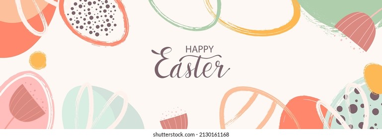 Happy Easter banner. Trendy Easter design with typography, hand drawn strokes and eggs, bunny ears, in pastel colors. Modern minimalist style. Vector illustration