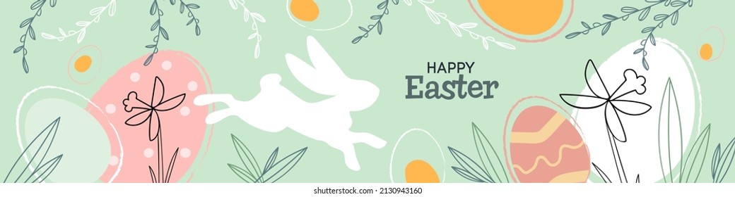 Happy Easter banner  Trendy Easter design in pastel colors  Modern minimal style and hand drawn leaves  eggs   plants  Best for invitations  greeting cards   advertising needs  Vector illustratio