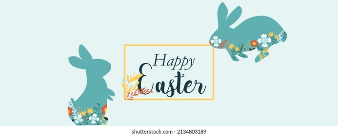Happy Easter banner. Trendy Easter design with typography, hand painted ggs, bunny ears, in pastel colors