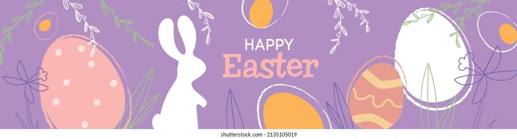 Happy Easter banner. Trendy Easter design in pastel colors. Modern minimal style with hand drawn leaves, eggs and plants. Best for invitations, greeting cards and advertation. Vector illustration.