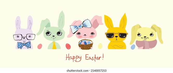Happy Easter banner. Trendy Easter design with typography, hand painted strokes and dots, eggs and bunny in pastel colors. Modern minimal style.