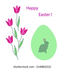 Happy Easter banner. Trendy Easter design with egg and tulips. Modern minimal style. Horizontal poster, greeting card, header for website. Drawing for paper, notepad, packaging.  vector design