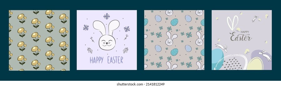 Happy Easter banner. Trendy Easter design with typography, hand drawn strokes and eggs, bunny ears, patterns in pastel colors. Patterns with flowers and a hare. Vector illustration