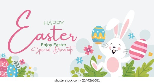 Happy Easter banner. Trendy Easter design with typography, Brush font strokes and dots, eggs, bunny ears, in pastel colors. Modern minimal style. Horizontal poster, greeting card, header for website