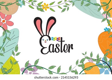 Happy Easter banner. Trendy Easter design with typography, eggs, bunny ears, in pastel colors. Modern minimal style. Horizontal poster, greeting card, header for website