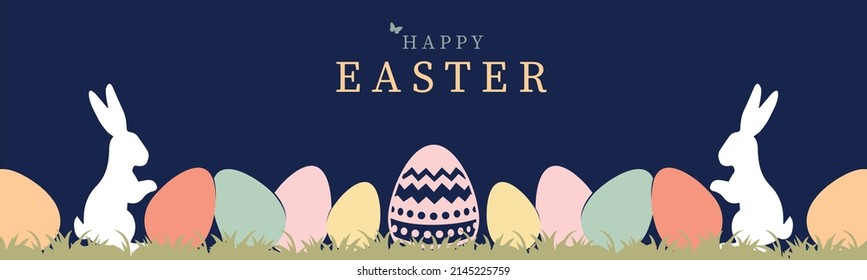 Happy Easter banner. Trendy Easter design with a frame of eggs, bunnies and spring flowers in pastel colors on a dark blue background. Modern flat style. Horizontal poster, greeting card, header for w