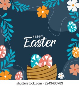 Happy Easter banner. Trendy Easter design with typography, hand painted strokes and dots, eggs, bunny ears, in pastel colors.