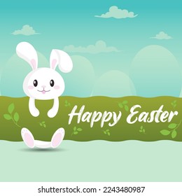 Happy Easter banner. Trendy Easter design with typography, hand painted strokes and dots, eggs, bunny ears, in pastel colors.