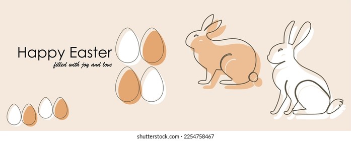 Cartel de Feliz Pascua. Diseño moderno de Pascua con tipografía, trazos y puntos dibujados a mano, huevos y conejito en colores pastel. Moderno estilo minimalista. Afiche horizontal, tarjeta de saludo, encabezado del sitio web