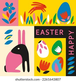 Frohe Osterbanner. Trendy Osterdesign. Moderne minimale Vorlage mit Flora, Kaninchen, Ei handgezeichnet.