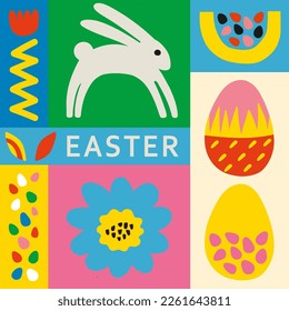Happy Easter banner. Trendy Easter design. Modern minimal template with flora, rabbit, egg hand drawn.