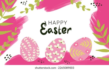 Happy Easter banner. Trendy Easter design with hand painted strokes and dots, eggs in pink and green colors. Modern abstract style. Horizontal poster, greeting card, header for website