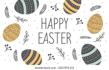 Happy Easter banner. Trendy Easter design with typography, hand painted strokes and dots, eggs, bunny ears, in pastel colors. Modern minimal style. Horizontal poster, greeting card, header for website