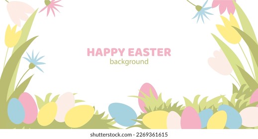 Cartel de Feliz Pascua. Diseño de moda de Pascua en tonos pastel. Moderno estilo minimalista. Afiche horizontal, tarjeta de saludo, cabecera del sitio web