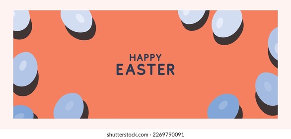 Cartel de Feliz Pascua. Diseño de moda de Pascua con tipografía, huevos de color azul con fondo naranja. Moderno estilo minimalista. Afiche horizontal, tarjeta de saludo, cabecera del sitio web
