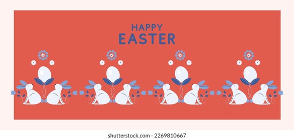 Happy Easter banner. Trendy Easter design with typography, hand painted strokes and dots, eggs and bunny pattern. Modern minimal style. Horizontal poster, greeting card, header for website