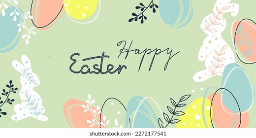 Cartel de Feliz Pascua. Diseño moderno de Pascua con tipografía, trazos y puntos pintados a mano, huevos y conejito en colores pastel al estilo doodle. Afiche horizontal, ilustración vectorial
