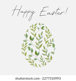 Cartel de Feliz Pascua. Diseño de moda de Pascua con ramas de huevo y acuarela verde. Moderno estilo minimalista.