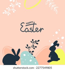 Happy Easter banner. Trendy Easter design with typography, hand painted strokes and dots, eggs, bunnies, branches in pastel colors. Modern doodle style. Vector illustration
