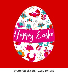 Cartel de Feliz Pascua. Huevo moderno de diseño de Pascua con pájaros y flores. Moderno estilo minimalista. Vector