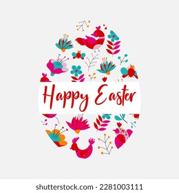 Happy Easter banner. Trendy Easter design egg with birds and flowers. Vector