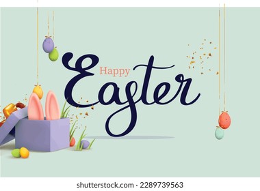 Happy Easter banner. Trendy Easter design with typography, hand painted strokes and dots, eggs, bunny ears, in pastel colors. Modern minimal style. Horizontal poster, greeting card, header for website