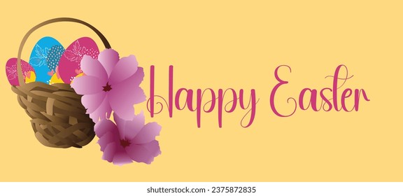 Cartel de Feliz Pascua. Diseño moderno de Pascua con tipografía, sol, huevos, orejas de conejo, en colores pastel. Moderno estilo minimalista. Afiche horizontal, tarjeta de saludo, cabecera del sitio web