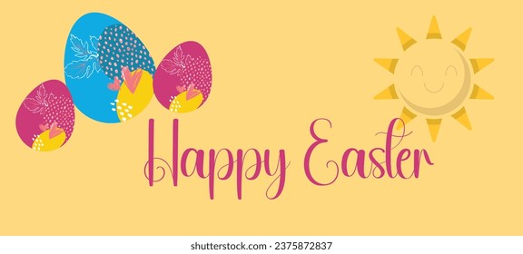 Happy Easter banner. Trendy Easter design with typography, sun, eggs, bunny ears, in pastel colors. Modern minimal style. Horizontal poster, greeting card, header for website