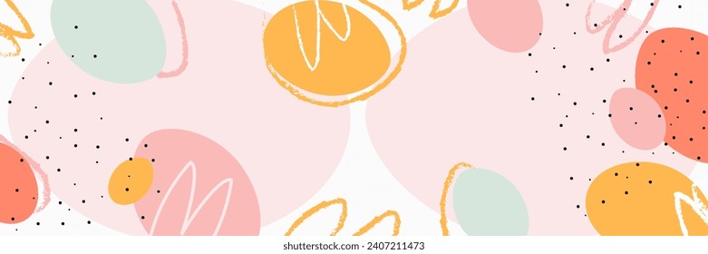 Happy Easter banner. Trendy Easter design with typography, hand painted strokes and dots, eggs, bunny ears, in pastel colors. Modern minimal style. Horizontal poster, greeting card, header for website