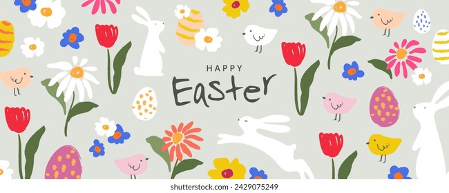 Pancarta de Feliz Pascua. Diseño de Pascua de moda con tipografía, patrón pintado a mano con flores de primavera, huevo, pollito y conejito de Pascua. Estilo de arte moderno. Cartel horizontal, tarjeta de felicitación, encabezado para el sitio web