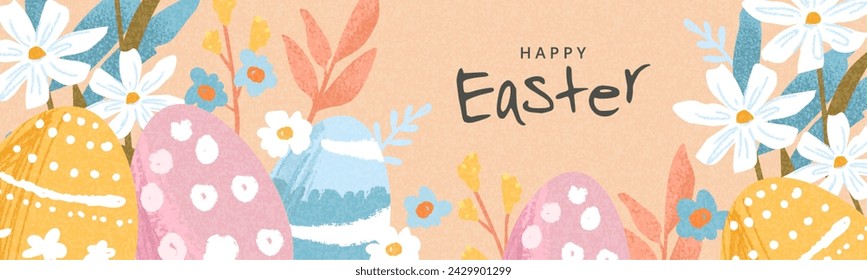 Happy Easter banner. Trendy Easter design with typography, hand painted flowers, plants and decorated eggs in pastel colors. Modern art style. Horizontal poster, greeting card, header for website