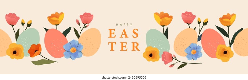 Happy Easter banner. Trendy Easter design with border frame made of eggs and spring flowers in pastel colors on light peach background. Modern art style. Horizontal poster, greeting card, web header