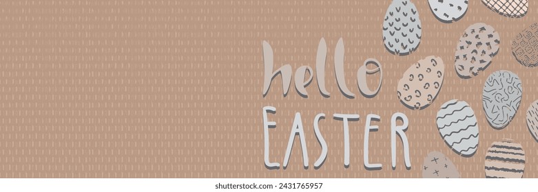 Pancarta de Feliz Pascua. Un diseño de Pascua de moda con letras, trazos dibujados a mano y huevos en colores pastel clásicos. Estilo minimalista moderno. Cartel horizontal, tarjeta de felicitación, cabecera para el sitio.