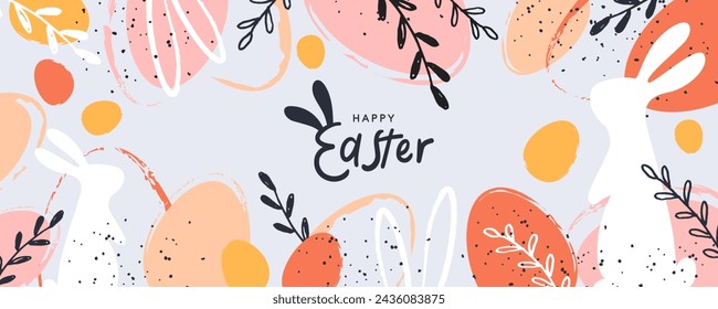 Happy Easter banner. Trendy Easter design with typography, hand painted strokes and dots, eggs and bunny in pastel colors. Modern minimal style. Horizontal poster, greeting card, header for website