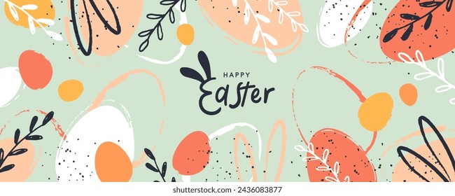 Happy Easter banner. Trendy Easter design with typography, hand painted strokes and dots, eggs and bunny ears in pastel colors. Modern minimal style. Horizontal poster, greeting card, website header