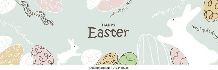 Happy Easter banner. Trendy Easter design with typography, eggs and bunny in pastel colors. Modern minimal style. Horizontal poster, greeting card, header for website
