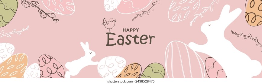 Pancarta de Feliz Pascua. Diseño de Pascua de moda con tipografía, trazos pintados a mano, huevos y conejito en colores pastel. Estilo minimalista moderno. Cartel horizontal, tarjeta de felicitación, encabezado para el sitio web