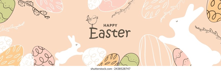 Pancarta de Feliz Pascua. Diseño de Pascua de moda con tipografía, trazos pintados a mano, huevos y conejito en colores pastel. Estilo minimalista moderno. Cartel horizontal, tarjeta de felicitación, encabezado para el sitio web