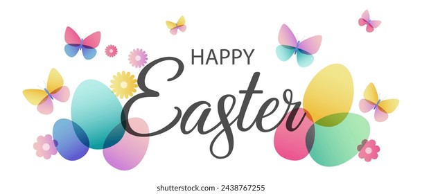 Happy Easter banner. Trendy Easter design with hand drawn lettering and eggs, butterflies in pastel colors. 