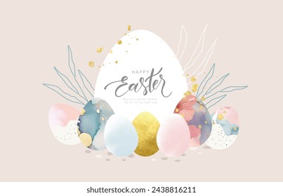 Happy Easter banner. Trendy Easter design with beautiful decorated eggs in pastel colors. Modern style. Horizontal poster, greeting card, header for website. Vector illustration