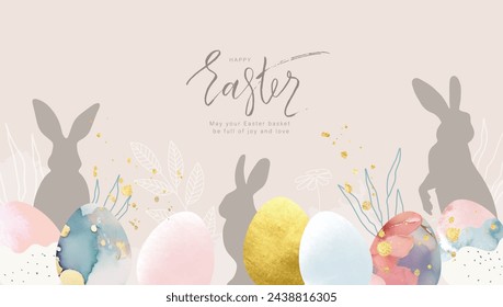 Happy Easter banner. Trendy Easter design with beautiful decorated eggs and bunny in pastel colors. Modern style. Horizontal poster, greeting card, header for website. Vector illustration