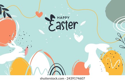 Pancarta de Feliz Pascua. Diseño de Pascua de moda con tipografía y elementos de Pascua en color pastel y estilo abstracto moderno minimalista