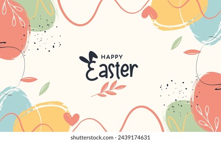 Happy Easter Banner. Trendy Easter Design with Typography and Easter Elements in Pastel Color and Abstract Modern Minimal Style