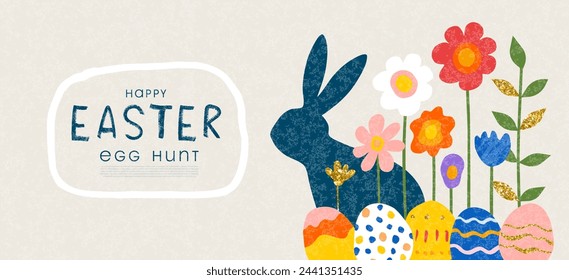 Happy Easter banner. Trendy Easter design with bunny,decorated eggs, flowers and handwritten lettering. Modern style. Horizontal poster, greeting card, header for website. Vector illustration