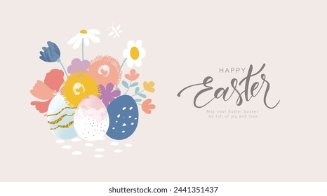 Happy Easter banner. Trendy Easter design with handwritten lettering,decorated eggs and flowers in pastel colors. Modern style. Horizontal poster, greeting card, header for website. Vector illustratio