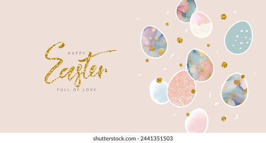 Happy Easter banner. Trendy Easter design with beautiful decorated eggs in pastel colors and shiny gold inscription. Modern style. Horizontal poster, greeting card, header for website. Vector illustra