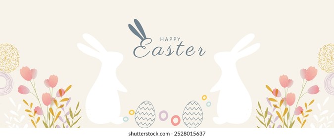 Happy Easter banner. Trendy Easter design with typography, eggs, bunny ears, in pastel colors. Modern minimal style. Horizontal poster, greeting card, header for website