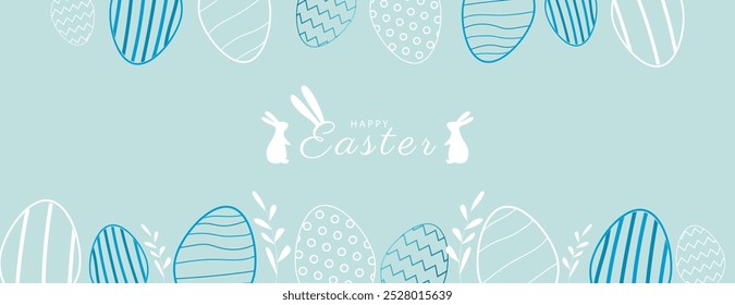 Happy Easter banner. Trendy Easter design with typography, eggs, bunny ears, in pastel colors. Modern minimal style. Horizontal poster, greeting card, header for website