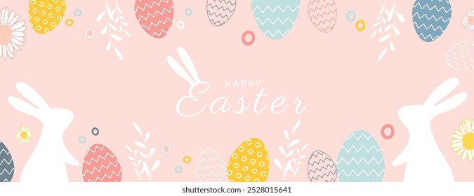 Happy Easter banner. Trendy Easter design with typography, eggs, bunny ears, in pastel colors. Modern minimal style. Horizontal poster, greeting card, header for website